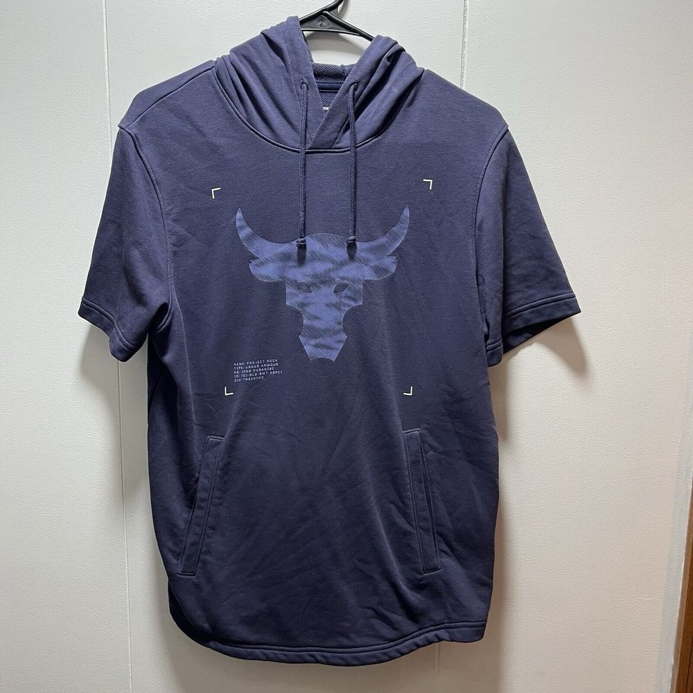 Under Armour Project Rock Short‎ Sleeve Hoodie Sweatshirt Mens Size Small Blue